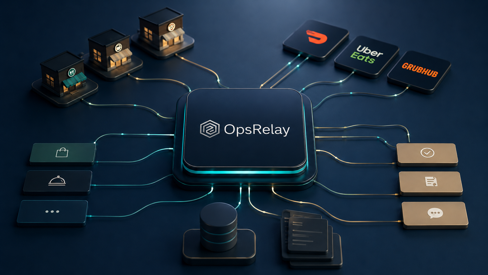 Abstract digital ordering control layer connecting restaurant locations, ordering channels, and operational records.