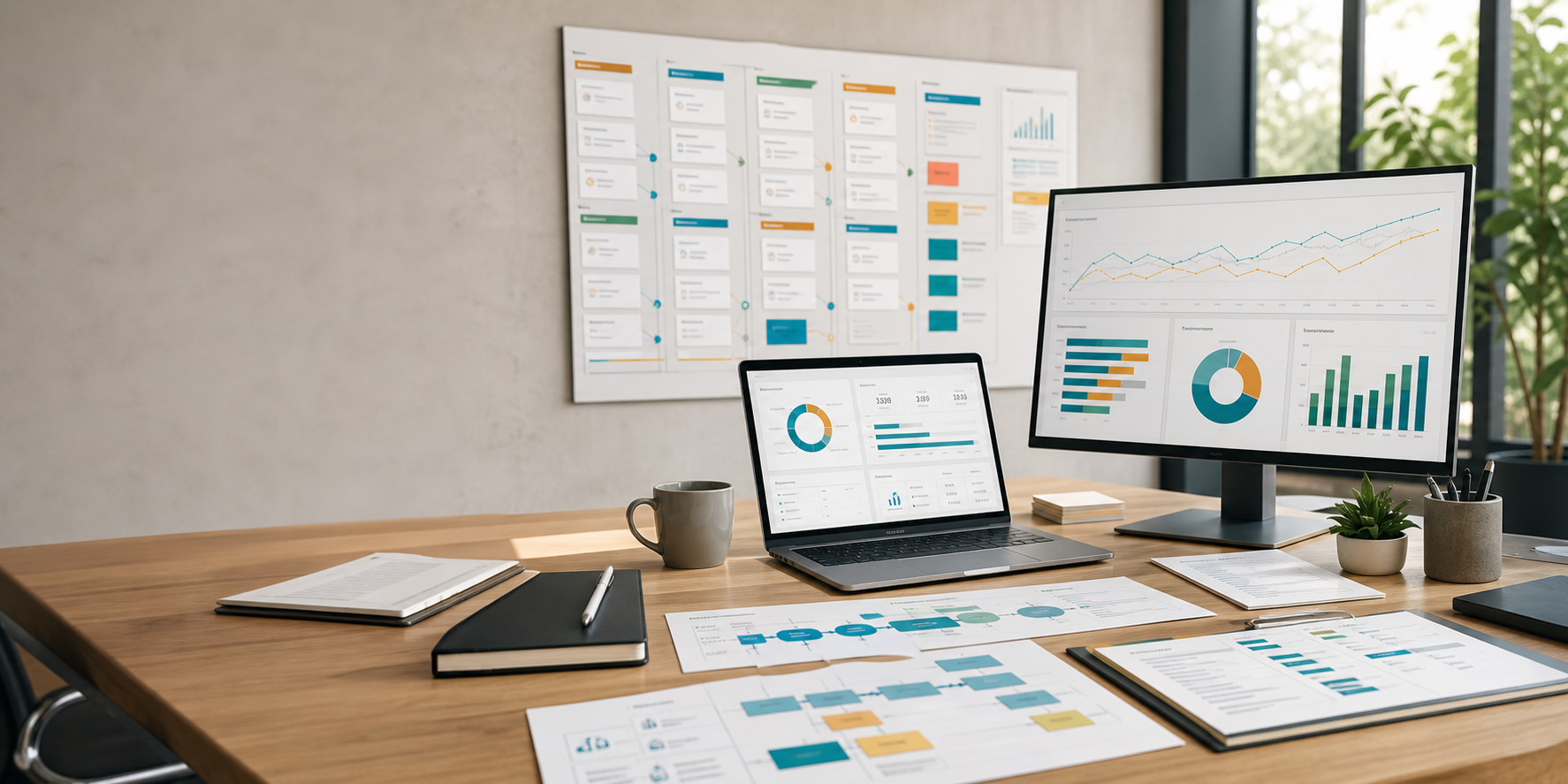 Digital operations workspace with ordering dashboards and workflow planning materials.